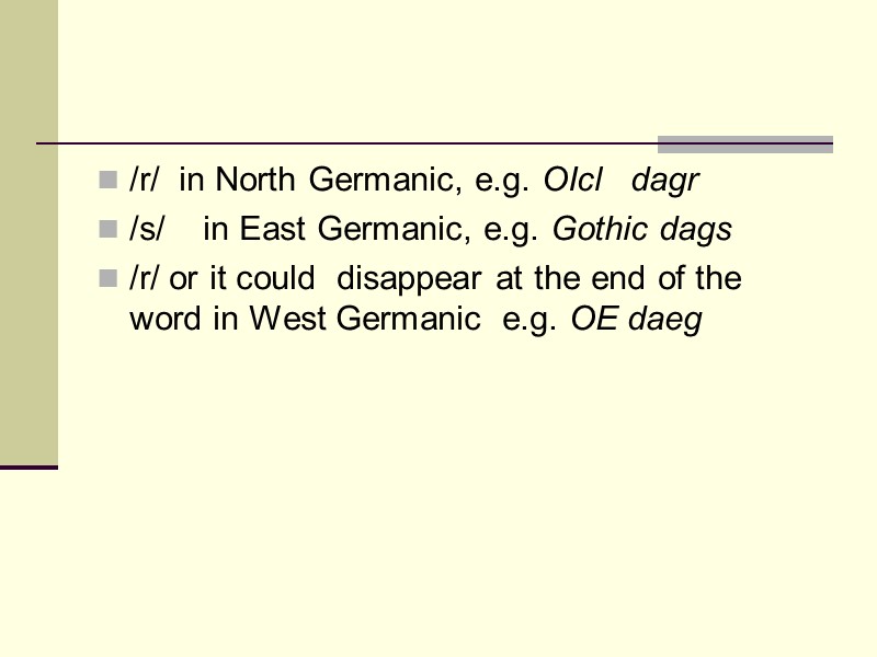 /r/ in North Germanic, e.g. OIcl dagr /s/ /r/ in North Germanic, e.g. OIcl dagr /s/